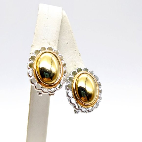 Classic Liz Claiborne Two Tone Earrings, Gold Tone Button Oval in Silver Tone - Picture 1 of 5